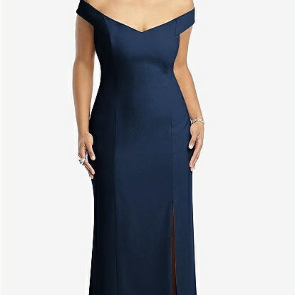 Dessy off the shoulder criss cross trumpet gown in navy